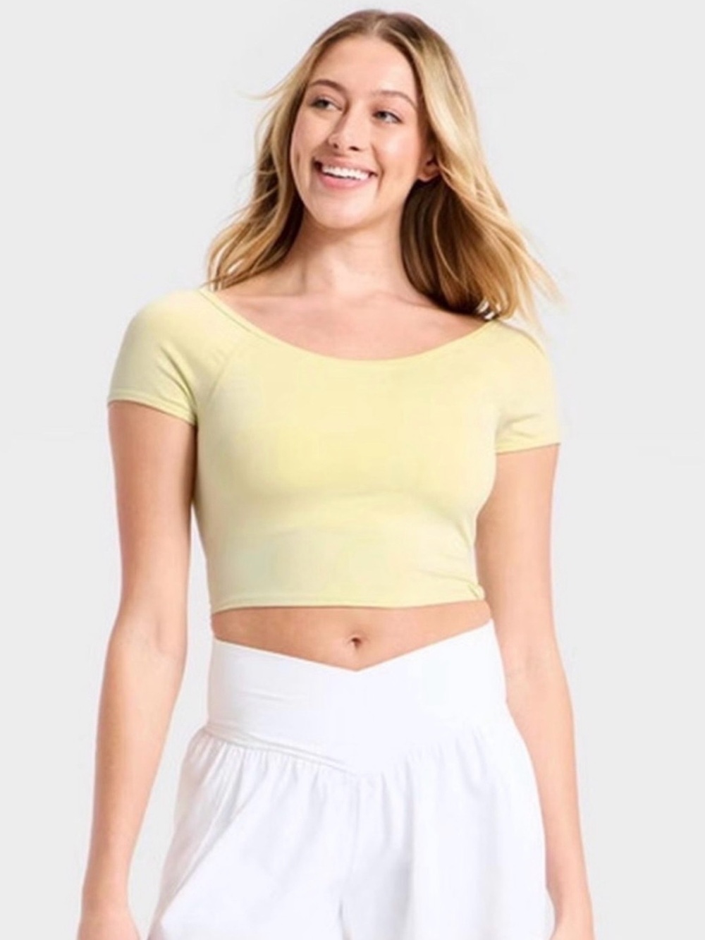 JoyLab Pale Yellow Scoop-Neck Cropped Top